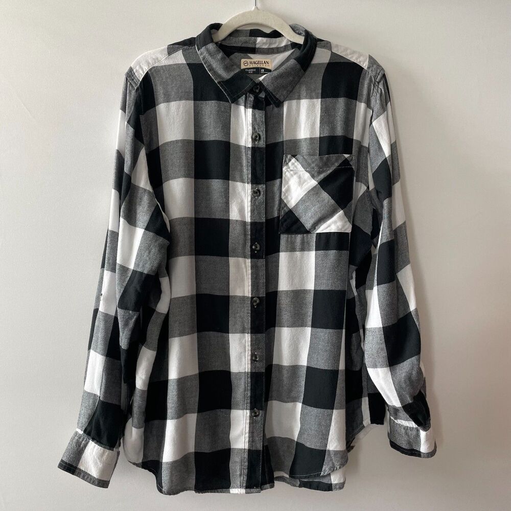 Magellan Outdoors Women’s 1X Black White Buffalo Plaid Button Up Shirt - Picture 1 of 8